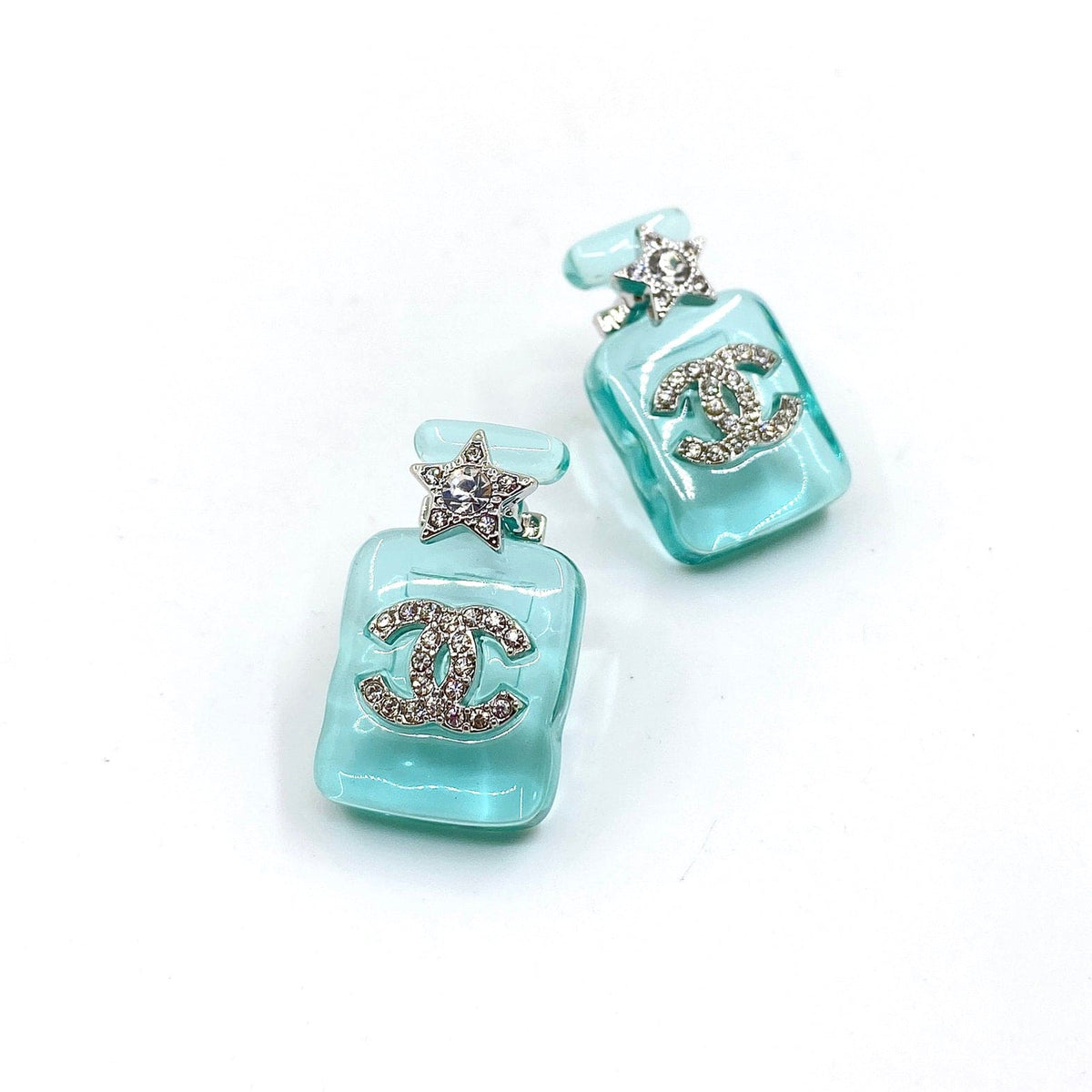 Chanel Perfume Blue Bottle Earrings - 18K White Gold