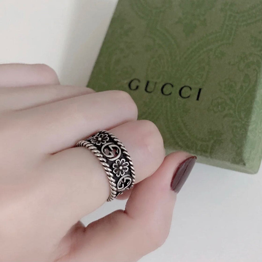Gucci Double G Aged Sterling Silver Interlocking G Flower Ring