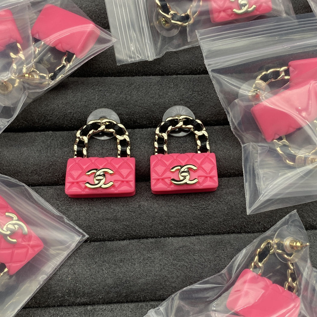 Chanel Classic Pink Bag Earrings - 18K Yellow Gold