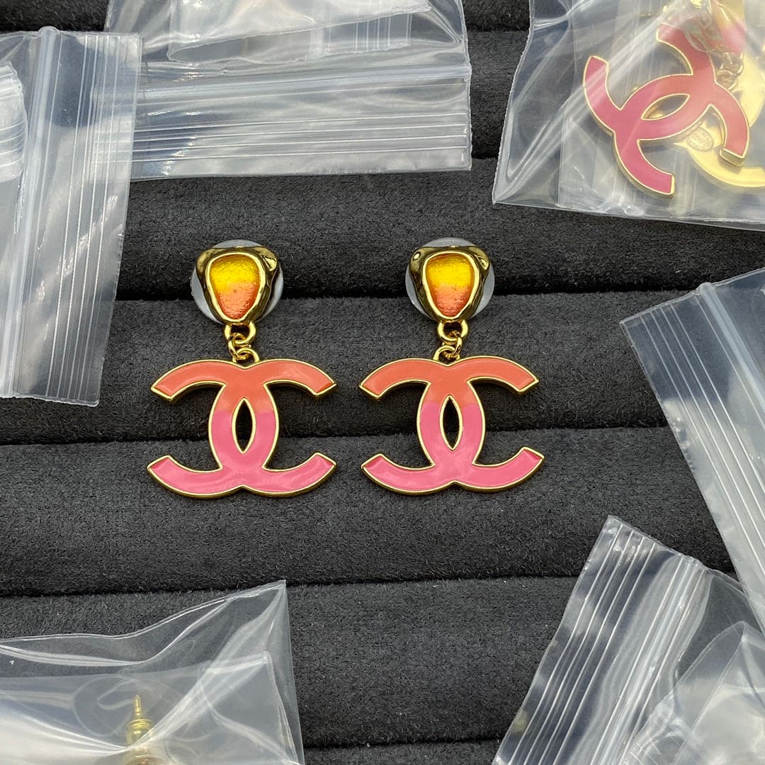 Chanel Classic Pink Dangle Earrings - 18K Yellow Gold