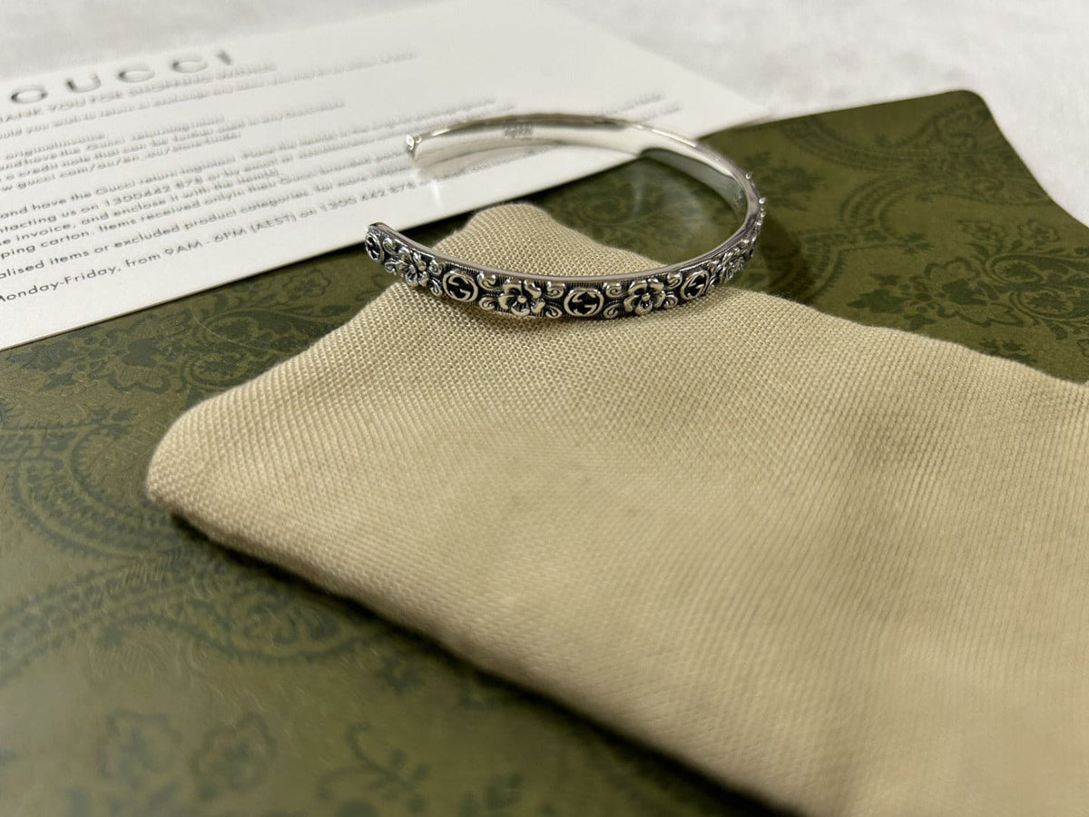Gucci Double G Interlocking G Cuff With Flowers Bracelet