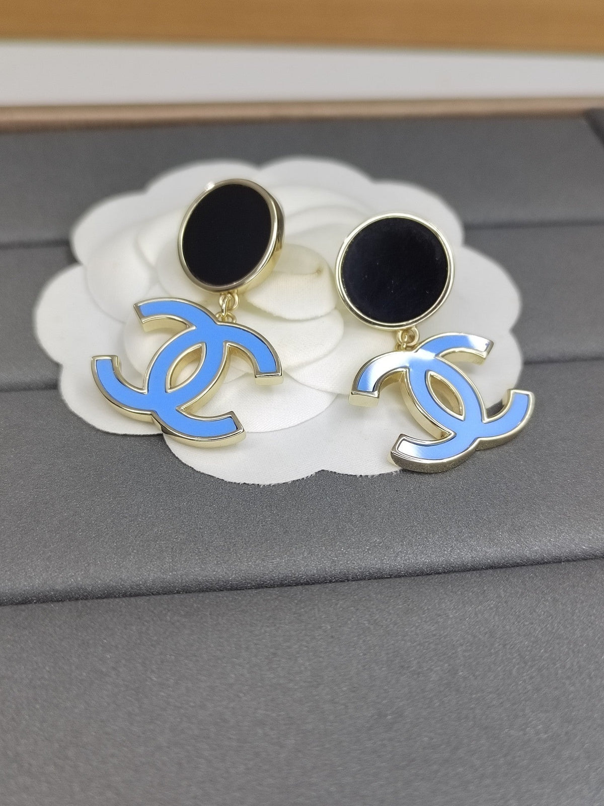 Chanel Classic Blue Dangle Earrings - 18K Yellow Gold