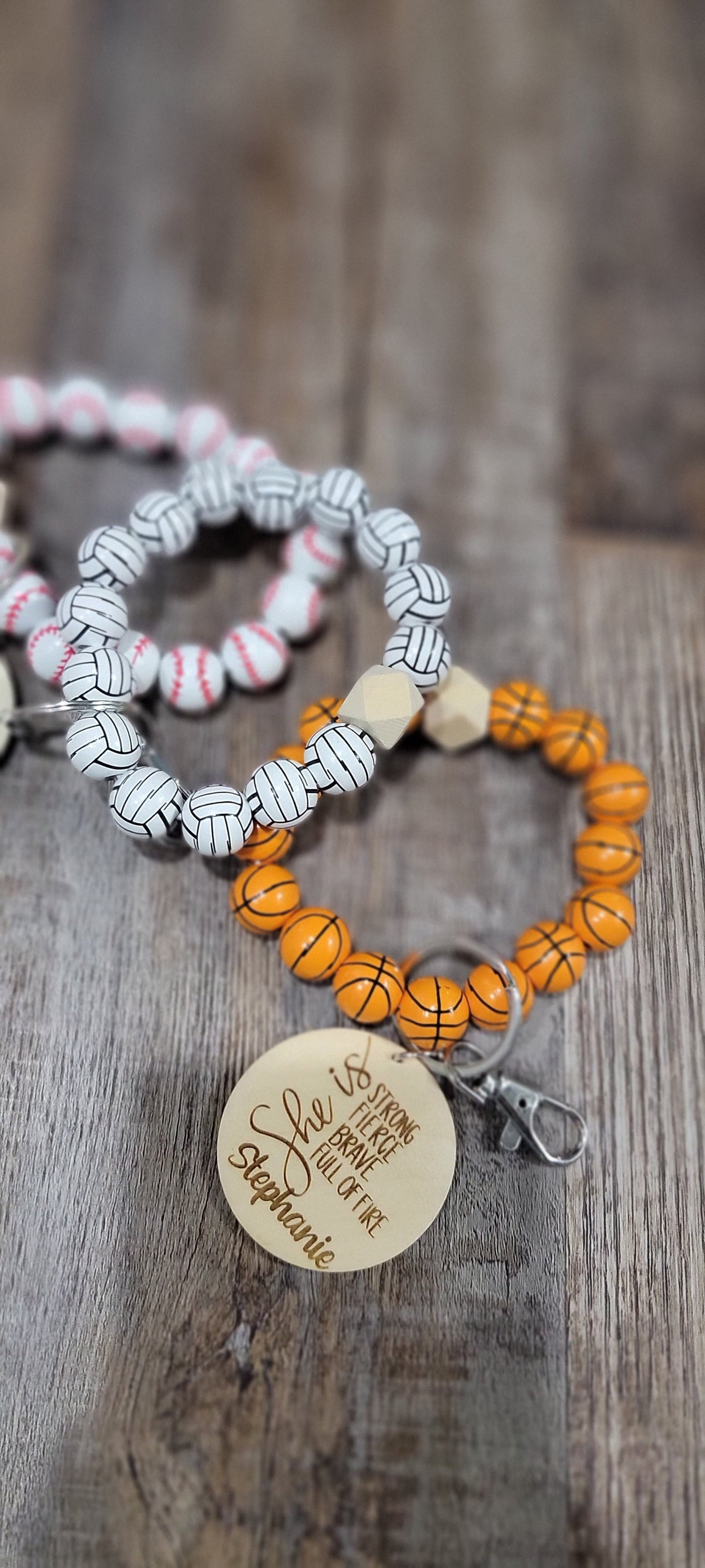 Personalized Sports Ball Wood Bead Wristlet Keychain