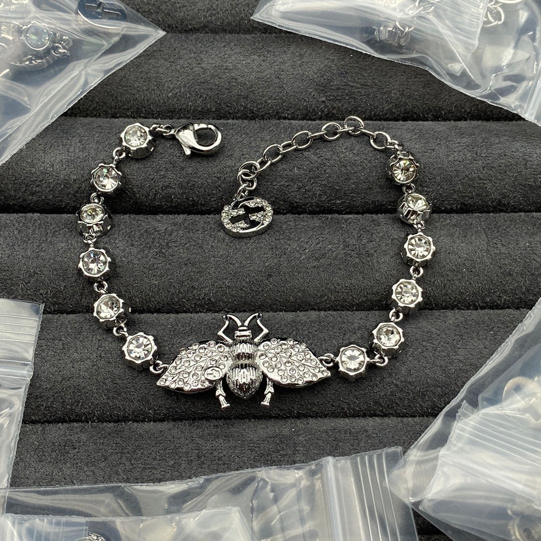 Gucci Double G Interlocking G Bee Crystal Bracelet