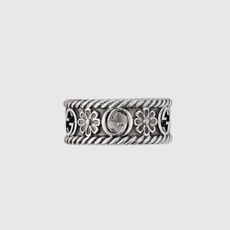 Gucci Double G Aged Sterling Silver Interlocking G Flower Ring