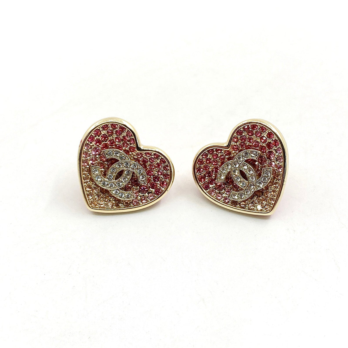 Chanel Diamond Pink Heart Earrings - 18K Yellow Gold
