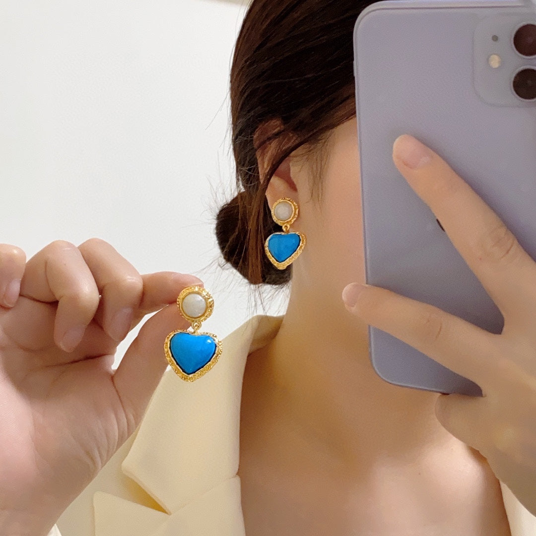 Chanel Blue Heart Pearl Earrings - 18K Yellow Gold