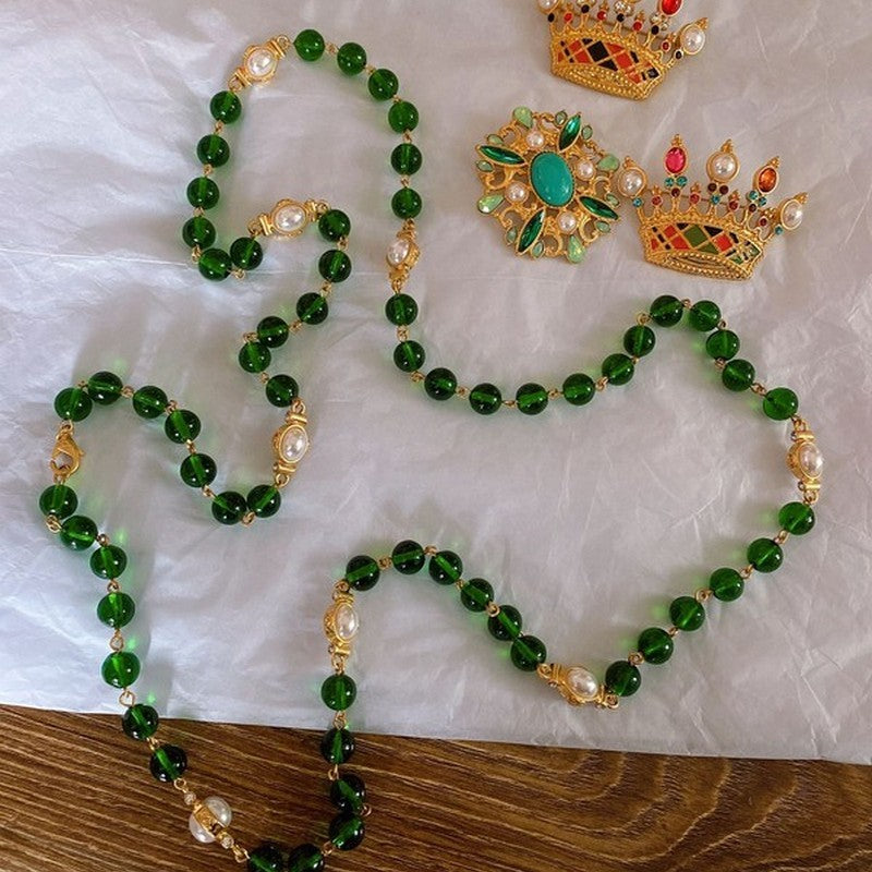 Chanel Long Green & White Pearl Necklace