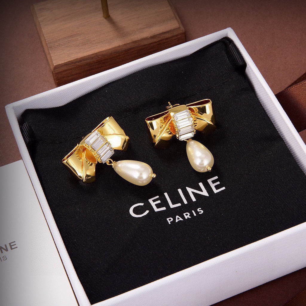 Celine Triomphe Butterfly Pearl Pendant Earrings - 18K Yellow Gold