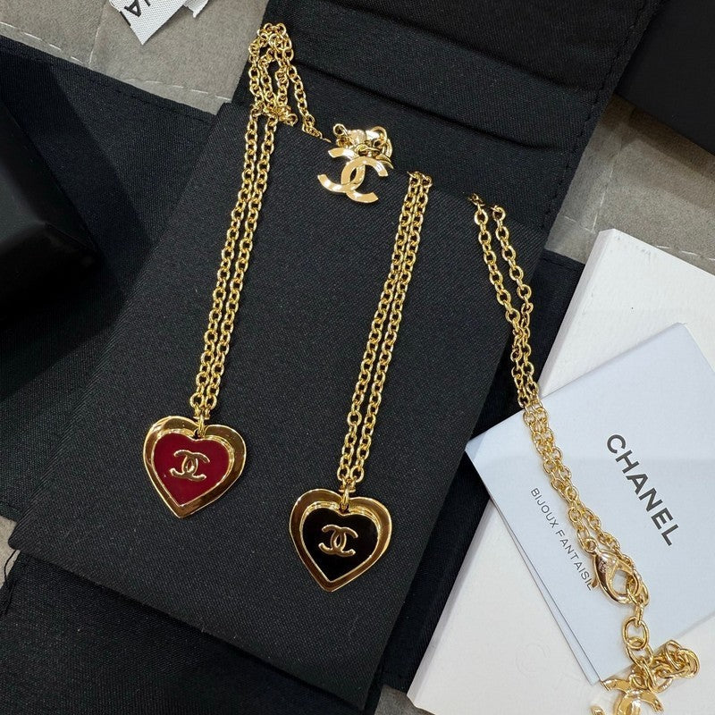 Chanel Black & Red Heart Gold Necklace