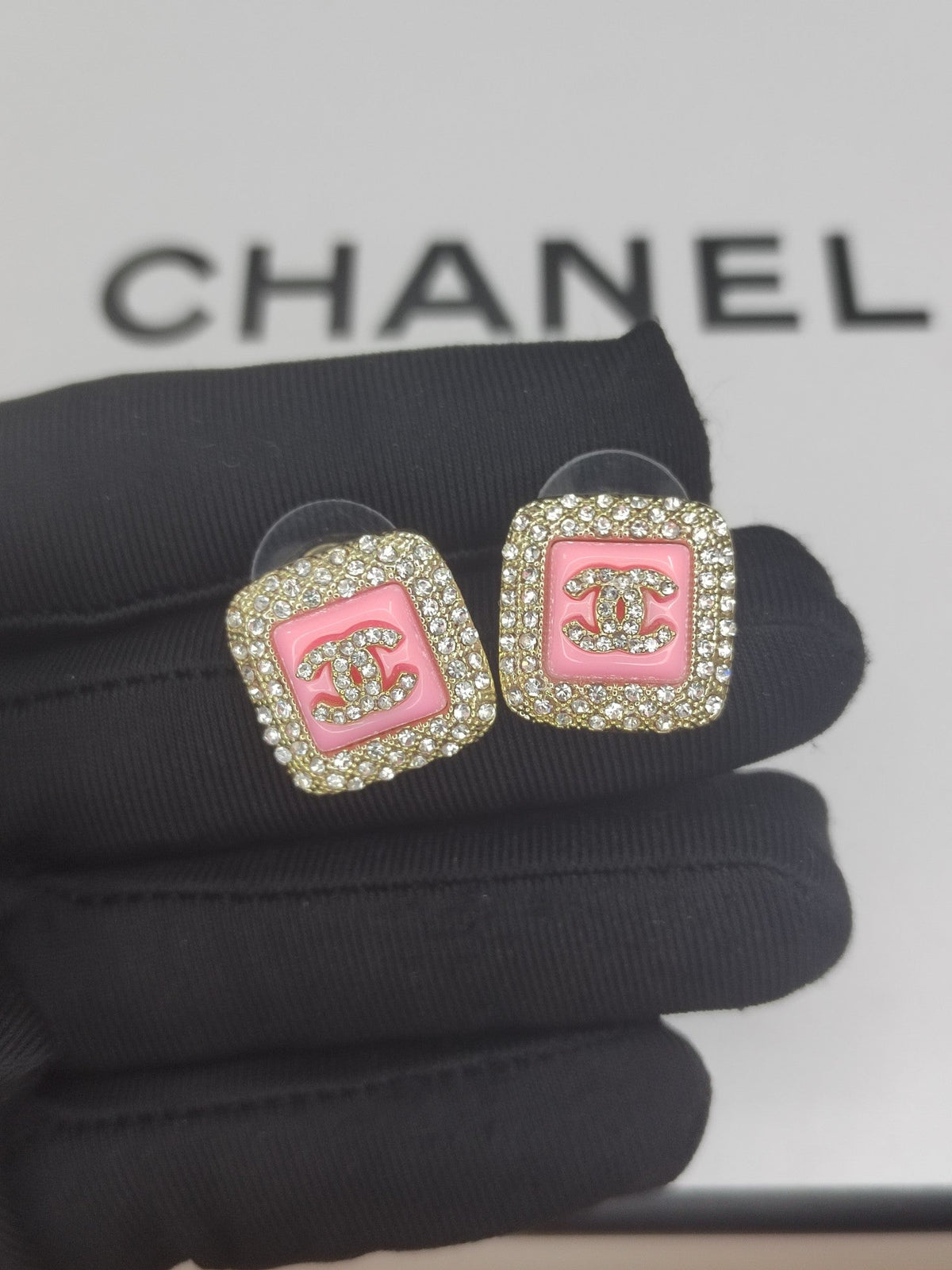 Chanel Diamond Square Pink Earrings - 18K Yellow Gold