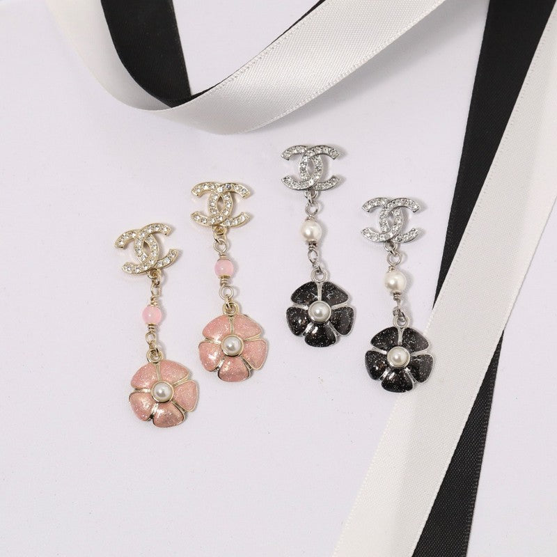 Chanel Black & Pink Camellia Diamond Long Earrings - 18K Gold