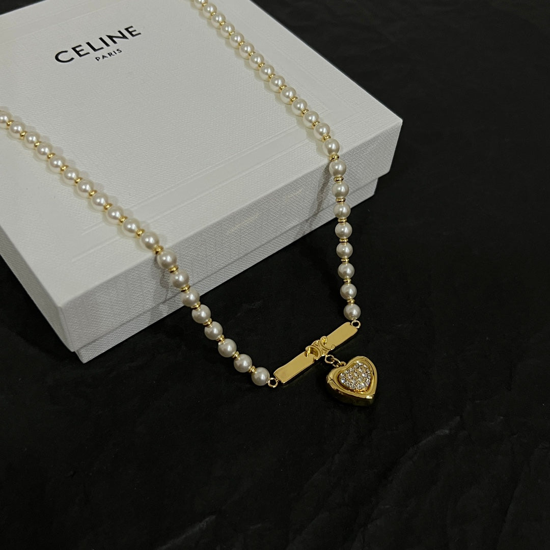Celine Triomphe Heart Pearl Necklace