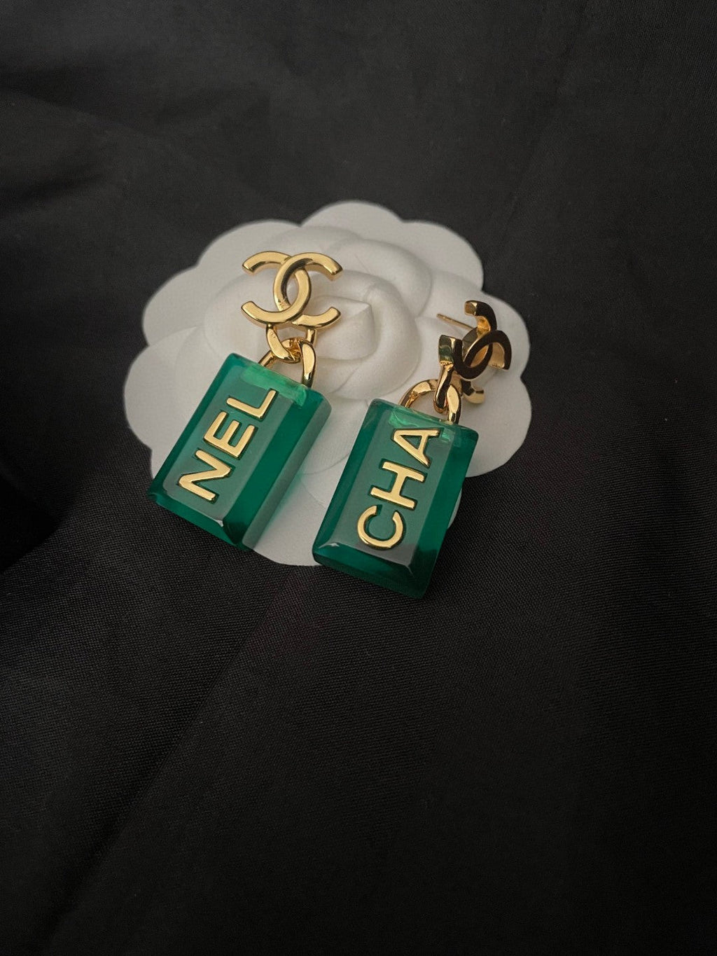 Chanel Green Perfume Bottle Earrings - 18K Yellow Gold