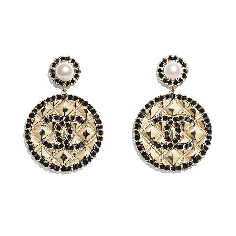 Chanel Leather Round Earrings - 18K Yellow Gold