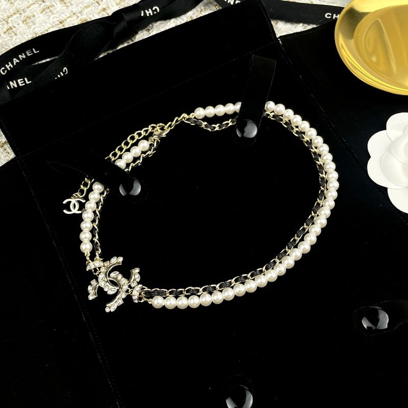 Chanel Pearl Chain Leather Necklace