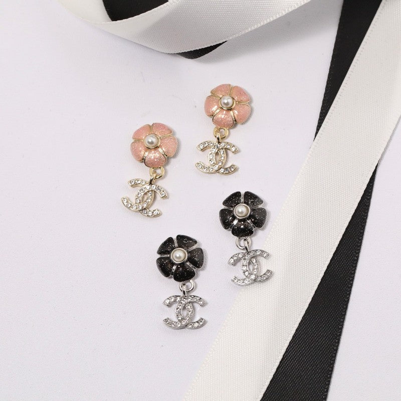 Chanel Black & Pink Camellia Diamond Earrings - 18K Gold