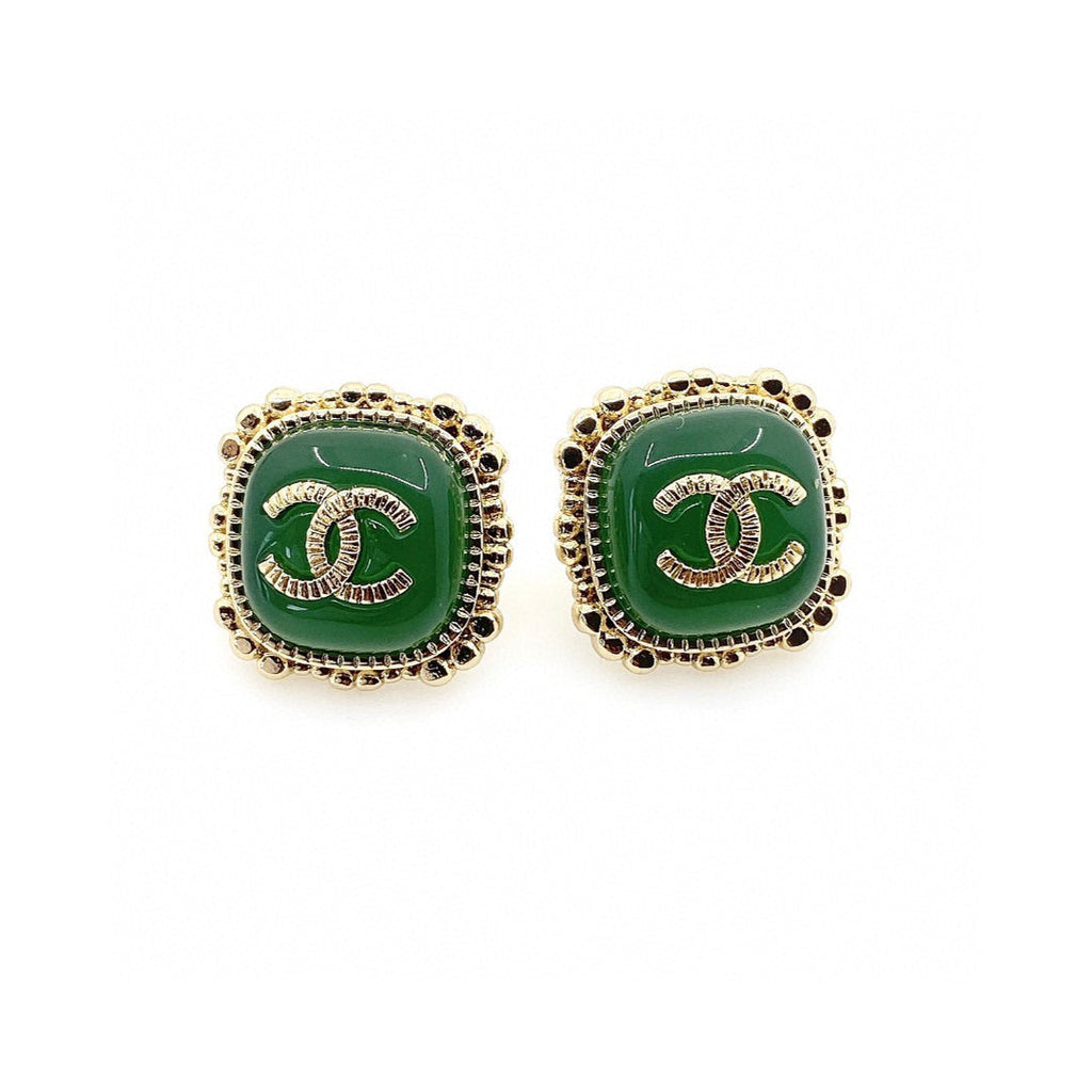 Chanel Green Square Earrings - 18K Yellow Gold