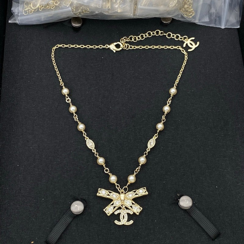 Chanel Bow Tie Diamond Gold Necklace