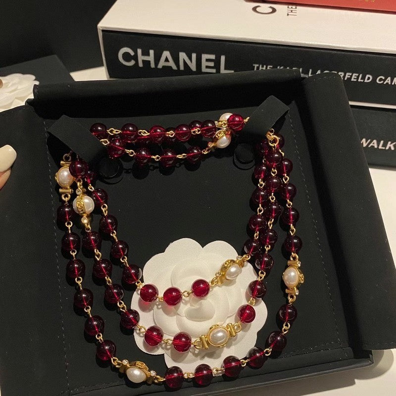 Chanel Long Red & White Pearl Necklace