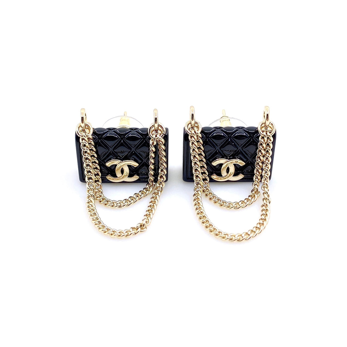 Chanel Black Bag Pendant Earrings - 18K Yellow Gold