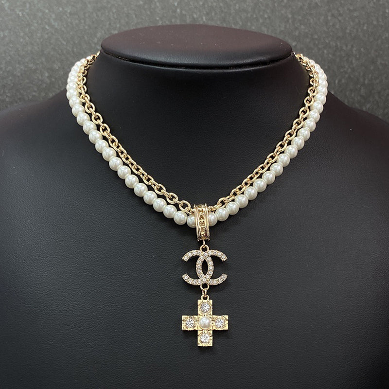 Chanel Cross Diamond Pearl Chain Necklace