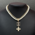 Chanel Cross Diamond Pearl Chain Necklace
