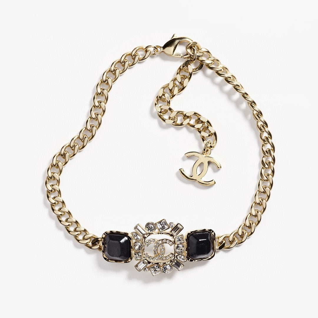 Chanel Black Crystals Chain Necklace