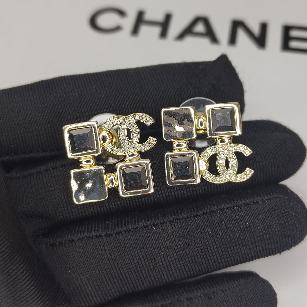 Chanel Black Crystal Earrings - 18K Yellow Gold
