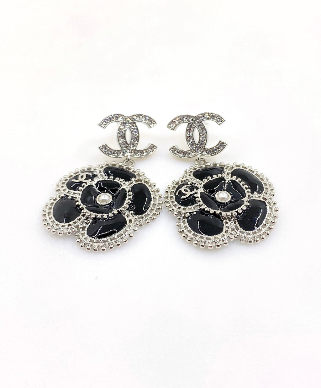 Chanel Black Pearl Camellia Earrings - 18K White Gold