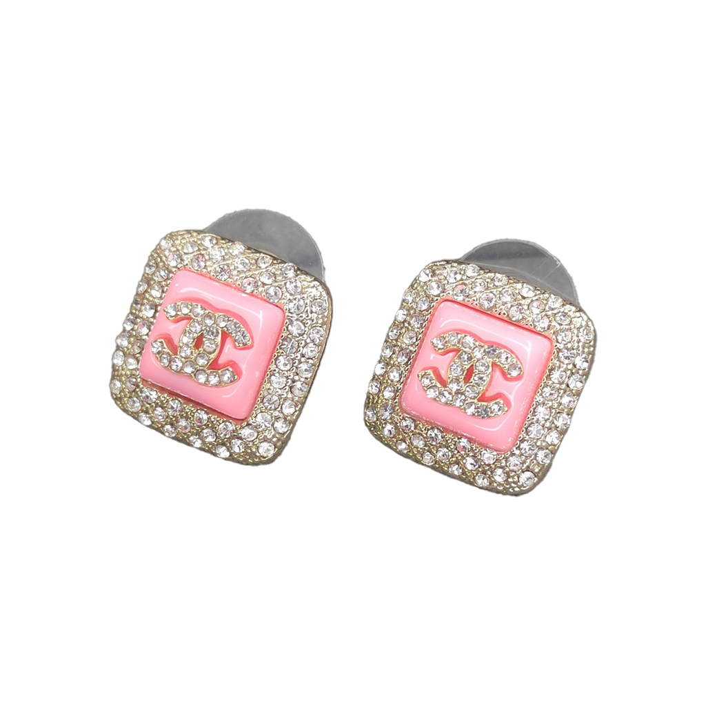 Chanel Diamond Square Pink Earrings - 18K Yellow Gold