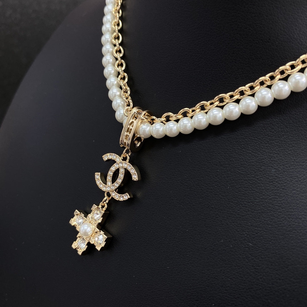 Chanel Cross Diamond Pearl Chain Necklace