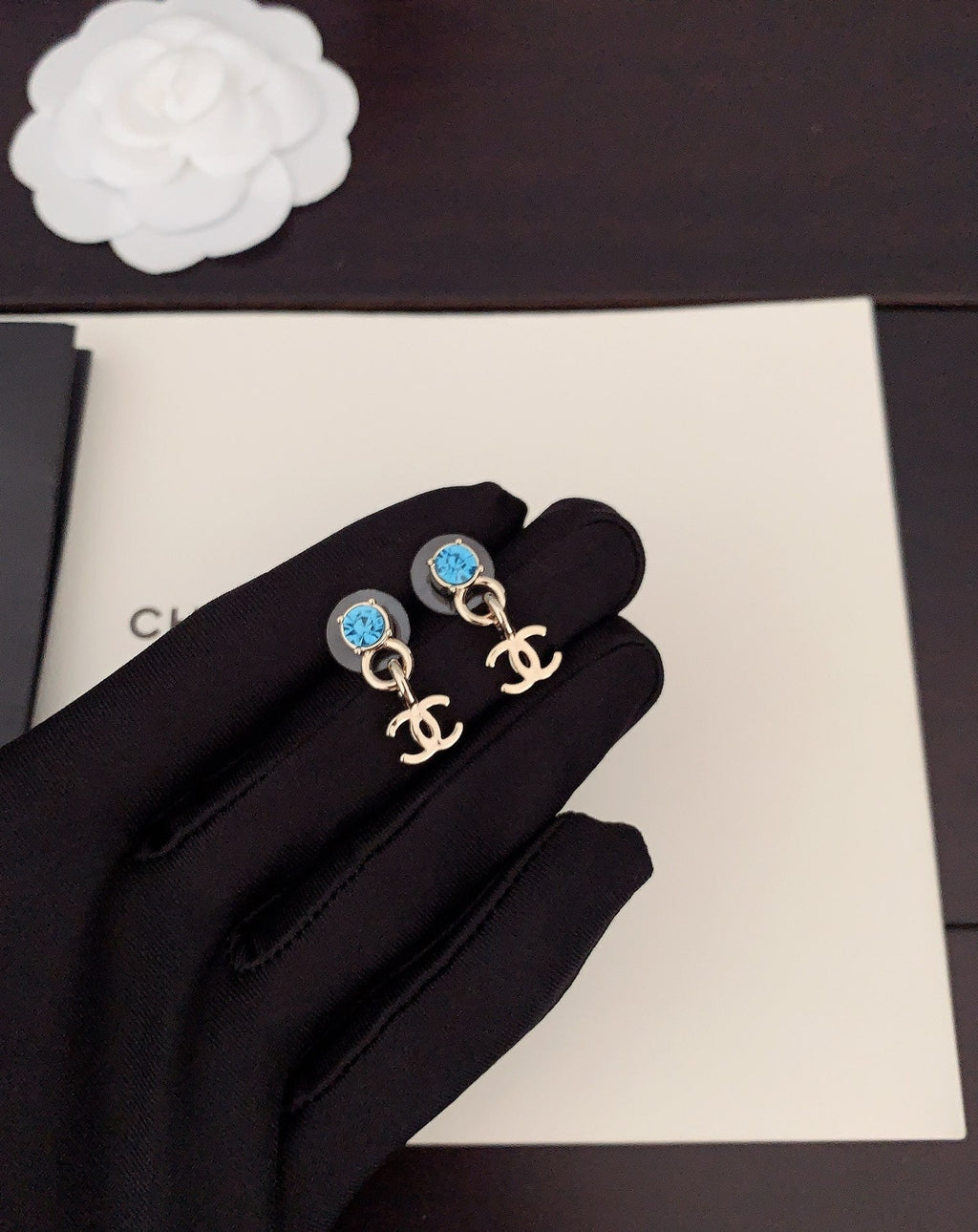 Chanel Blue Crystal Earrings - 18K Yellow Gold