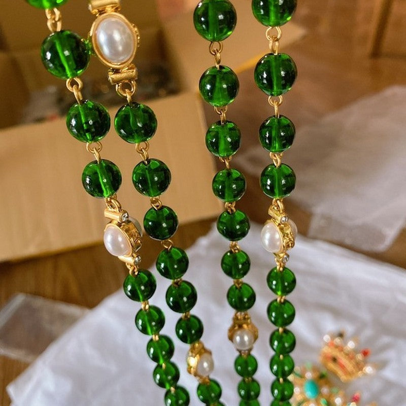 Chanel Long Green & White Pearl Necklace