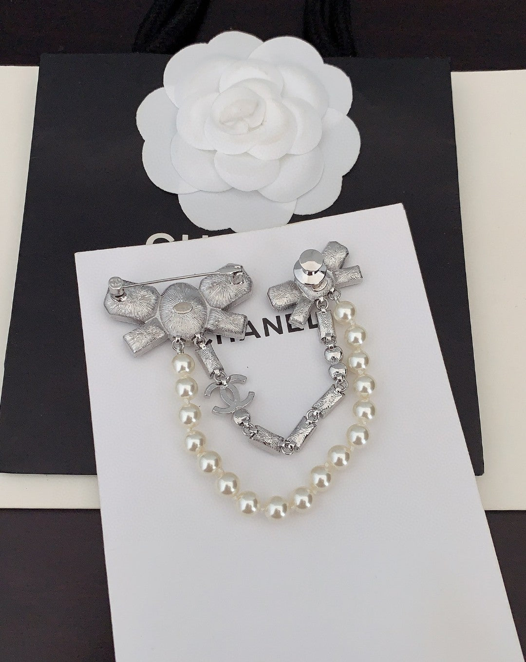 Chanel Black Bow Pearl Brooch
