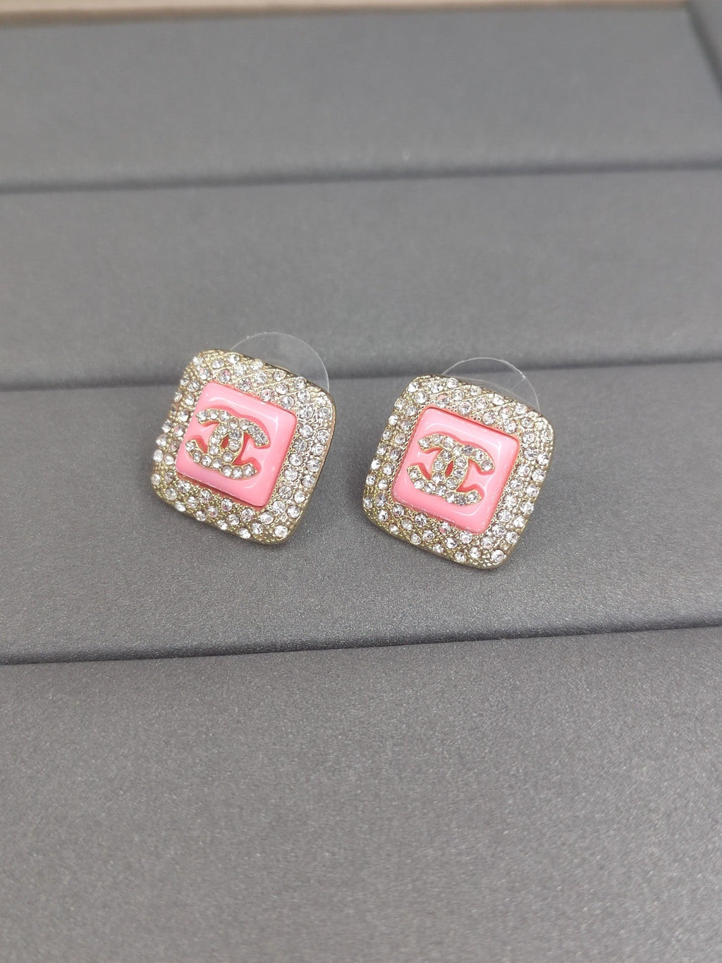 Chanel Diamond Square Pink Earrings - 18K Yellow Gold