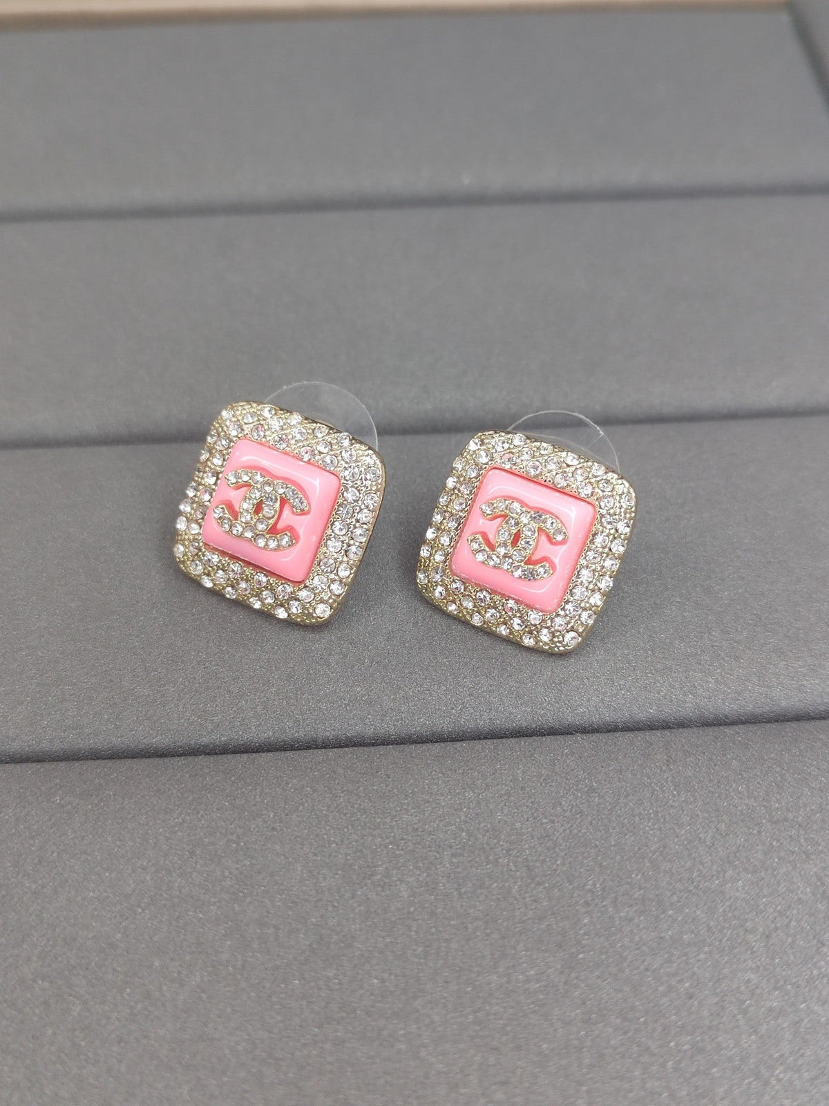 Chanel Diamond Square Pink Earrings - 18K Yellow Gold