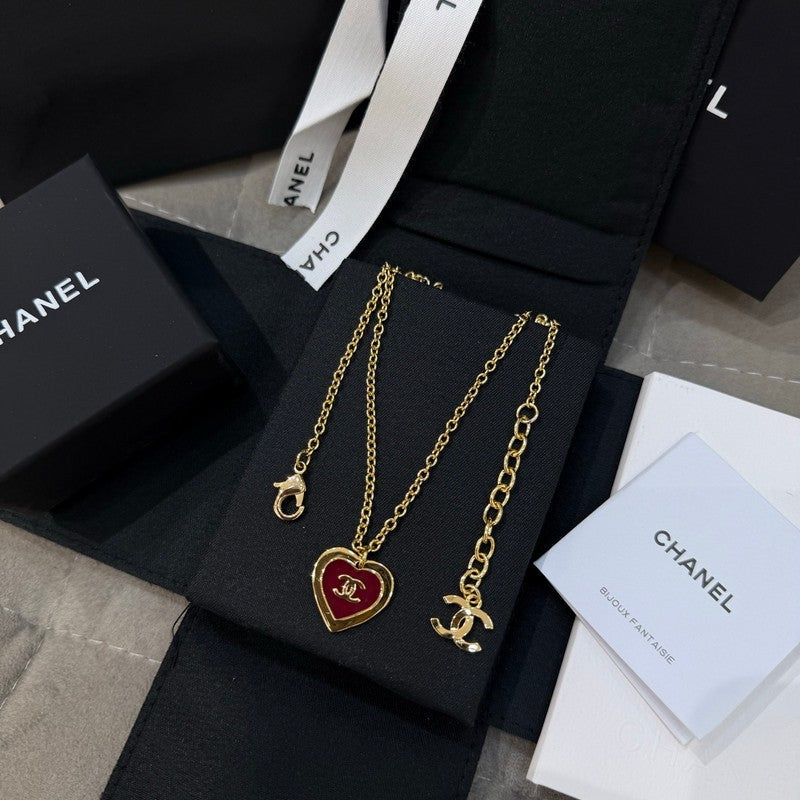 Chanel Black & Red Heart Gold Necklace