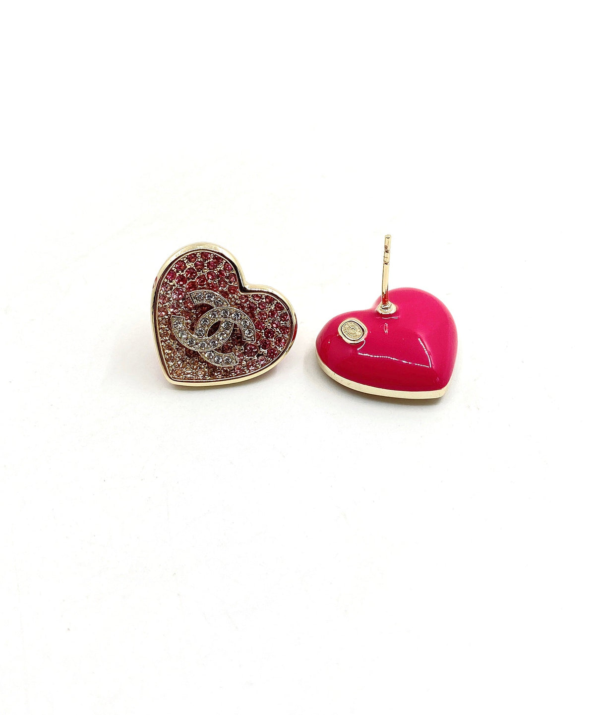 Chanel Diamond Pink Heart Earrings - 18K Yellow Gold