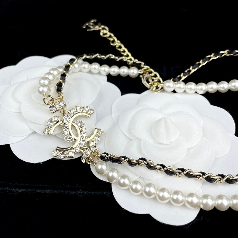 Chanel Pearl Chain Leather Necklace