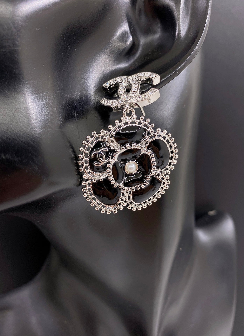 Chanel Black Pearl Camellia Earrings - 18K White Gold