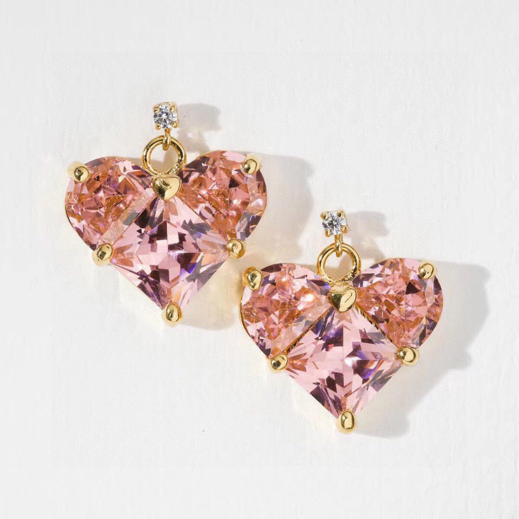 Celine Triomphe Pink Crystal Heart Earrings - 18K Yellow Gold