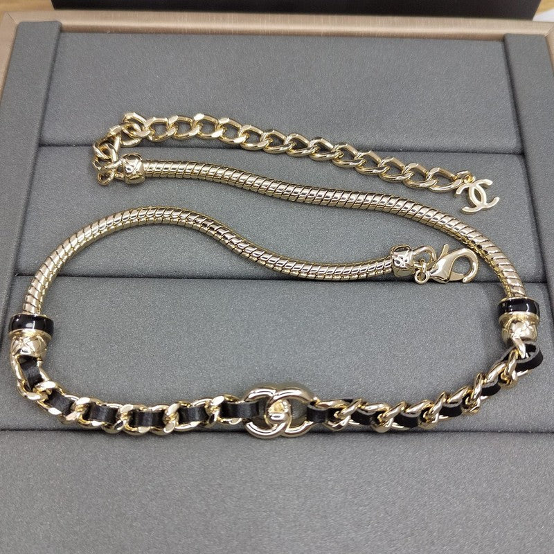 Chanel Black Leather Gold Chain Necklace