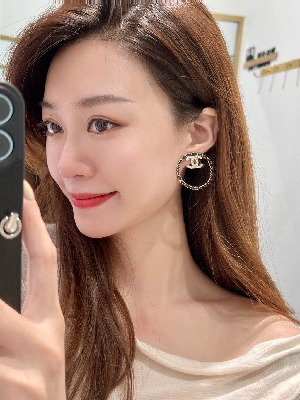 Chanel Black Leather Circle Earrings - 18K Yellow Gold