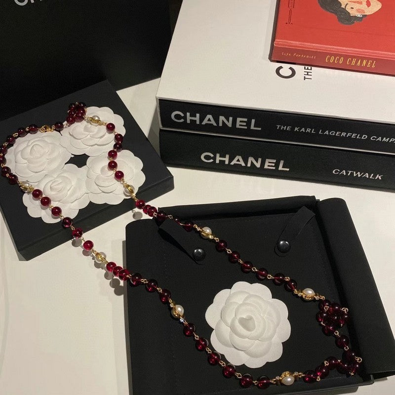 Chanel Long Red & White Pearl Necklace