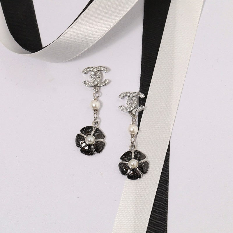 Chanel Black & Pink Camellia Diamond Long Earrings - 18K Gold