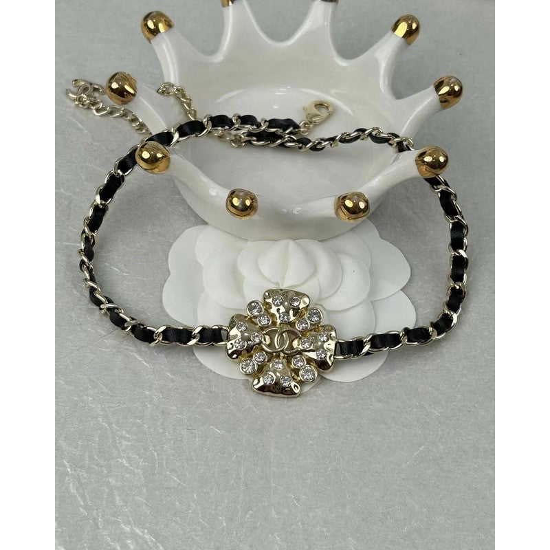 Chanel Black Leather Flower Necklace