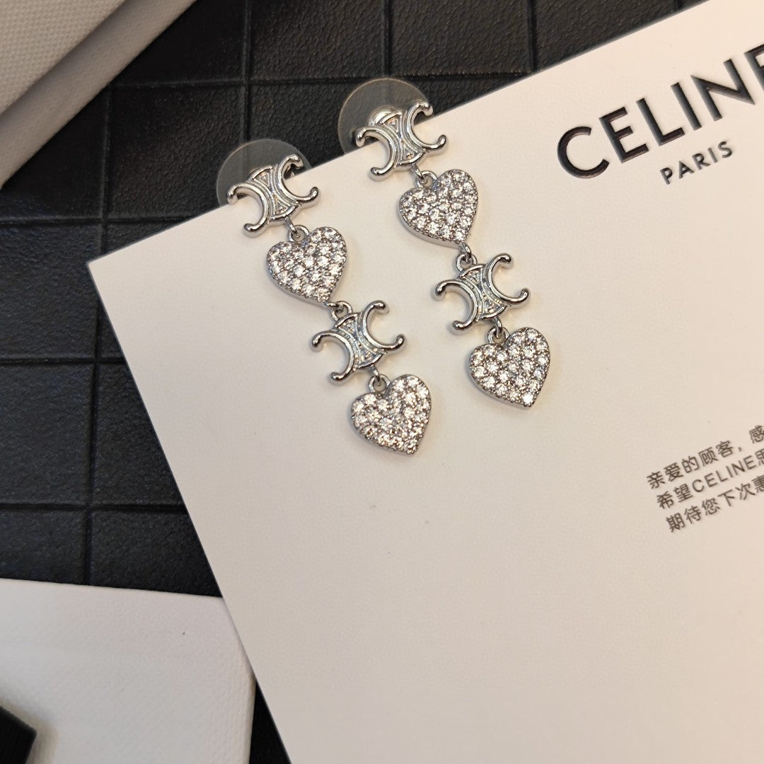 Celine Triomphe Heart Pendant Earrings - 18K White Gold