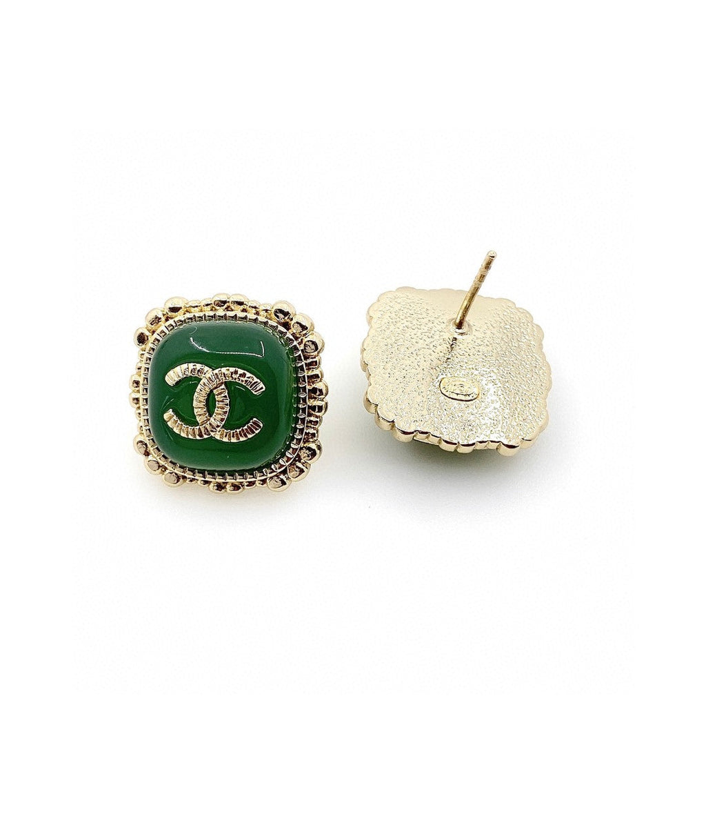 Chanel Green Square Earrings - 18K Yellow Gold