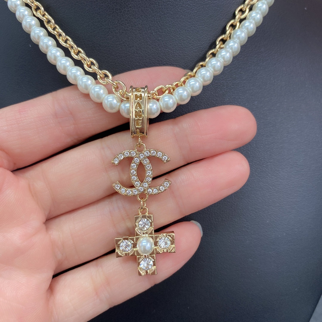 Chanel Cross Diamond Pearl Chain Necklace